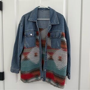 NWOT Denim Jacket shacket with Aztec Southwestern Pattern medium